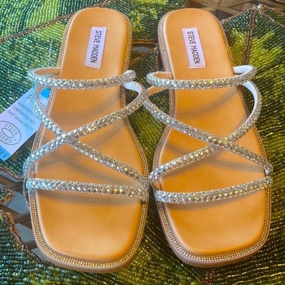 Brand New Steve Madden Glass Beaded Bling Multi Strap Slides  Slip On Sandals - Picture 4 of 15